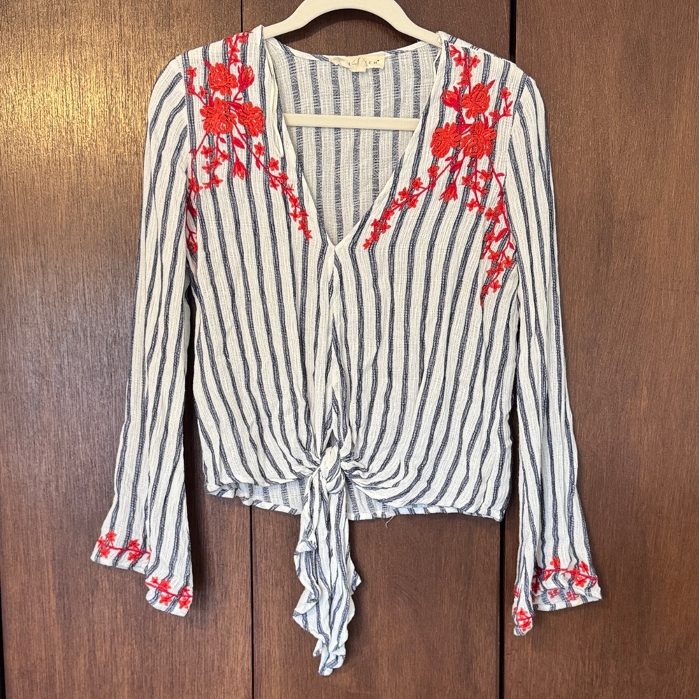 lovestitch White & Blue Striped Tie-Front Top with Red Floral Embroidery